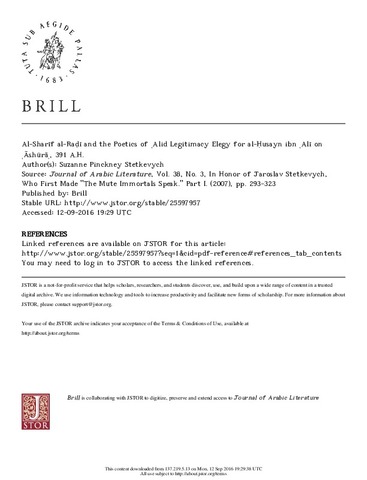 Al-Sharīf al-Raḍī and the Poetics of 'Alid Legitimacy Elegy for al-Ḥusayn ibn 'Alī on 'Āshūrā', 391 A.H.