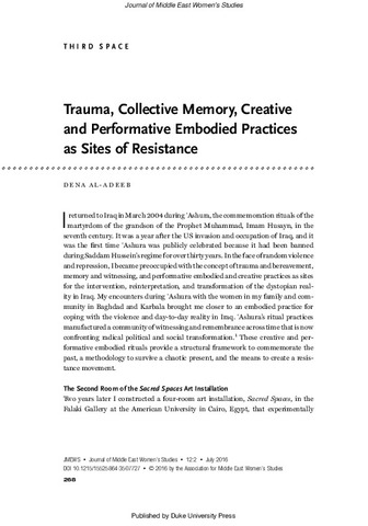 Trauma, Collective Memory, Creative and Performative Embodied Practices as Sites of Resistance